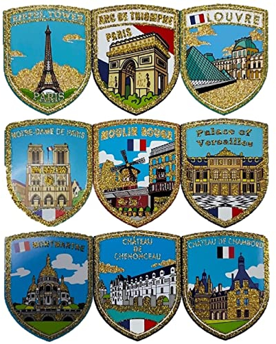 A-ONE French Historical Buldings Spun Gold Collection Travel Labels 9 PCs+Frankreich Städte Flaggennadel Patch 1 PC, Frankreich-Sammleraufkleber für Telefon, Souvenirsammlung SG3+Nr. 062