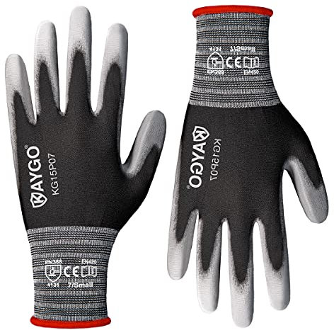KAYGO Thin Work Gloves PU Coated 12 Pairs, KG15P, Nylon Liner with Flexible Polyurethane Coating Lightweight Safety Work Gloves for Precision Handling Work, DIY, Assembly, Warehouse (Black, S)