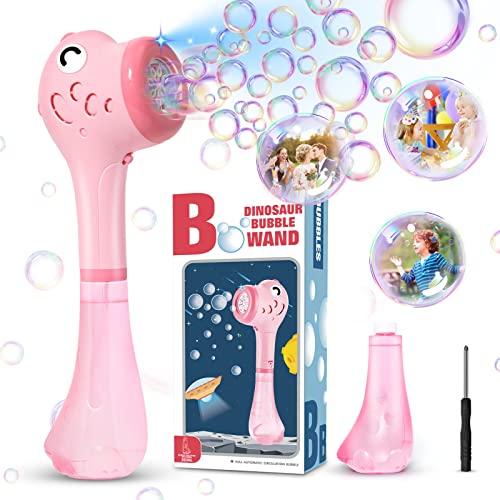 Bombble Elektrisch Bubble Stick, Dinosaurier Seifenblasenmaschine Seifenblasenstab 4000+ Seifenblasen/Min mit 360ML Super Seifenblasenlösung für Outdoor/Party/Hochzeit (Pink)