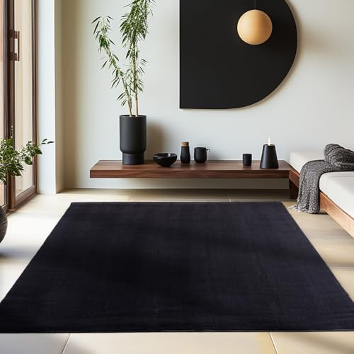 HomebyHome Waschbarer Teppich Kurzflor 140x200 cm Schwarz Modern Einfarbig Weich rutschfest Pflegeleicht Maschinenwaschbar für Wohnzimmer Schlafzimmer Esszimmer