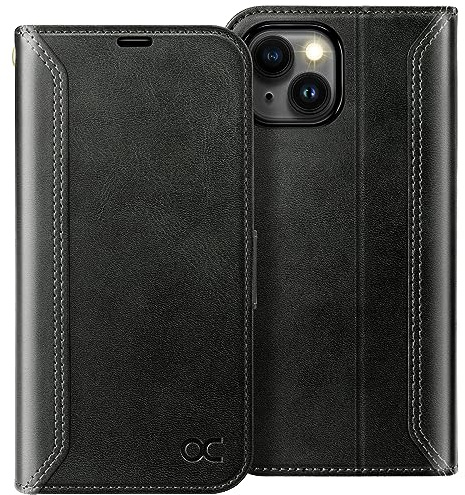 OCASE for iPhone 15 Case, Premium PU Leather Wallet, Black Graphite | Flip Phone Cover with RFID Blocking, Card Holder, Shockproof TPU, Stand Function for 6.1 Inch iPhone15