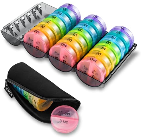 Tablettenbox Monat 28 Tage, Tablettenbox 14 Tage 2 Fächer Große Pillendose für Morgens Abends, Tägliche Pillendosen für 4 Wochen, Medikamenten-Organizer für für Pillen, Fischöle, Vitamine (Farbig)