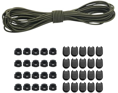 Cuerda de goma elástica de 10 m, 3 mm, cuerda elástica redonda, con 20 unidades, cierre de cremallera, 20 unidades, doble agujero de resorte para mochila, cordones (verde oscuro, 3 mm x 10 m)