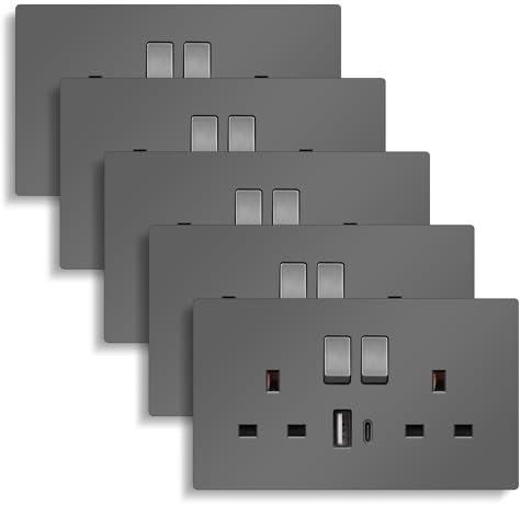 CNBINGO Double Switched Socket with 20W PD USB C and A Fast Charging Ports, Electric Power Sockets 2 Gang 13 Amp, Wall Outlet Grey PC Panel, 5 Pack