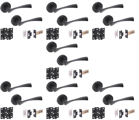 Hunta HANDLEZONE® 7 Sets Zena Internal Door Handles on Rose Lever Latch Packs with Ball Bearing Hinges - Black Matt