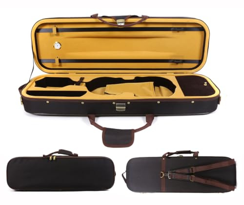 Vetimobato Oblong Violin Case 4/4 Full Size - Ultra Lightweight(1.62kg)Wooden Hard Shell Travel Case with 600D Nylon Raincoat,Plush Interior,2 Bow Holders,Hygrometer - Portable Violin Backpack(Brown)