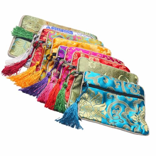 OFFSCH Borse Portagioie in Broccato Stile Cinese 10 Pezzi Sacchetti Cerniera e Lunga Nappa per Gioielli Braccialetti Orecchini Collane Bomboniere Colori Misti