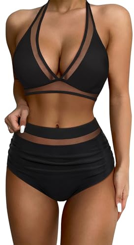 RXRXCOCO Damen Mesh Neckholder Rückenfrei Bauchweg High Waist Bikini Set Sexy V Ausschnitt Zweiteiliger Bademode Schwarz Size XL