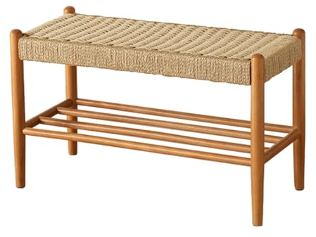 Open Shoe Storage Bench with Solid Wood Rope-woven Shoe Rack, Cylindrical Stool Legs - Entryway Mudroom Hallway Shoe Bench