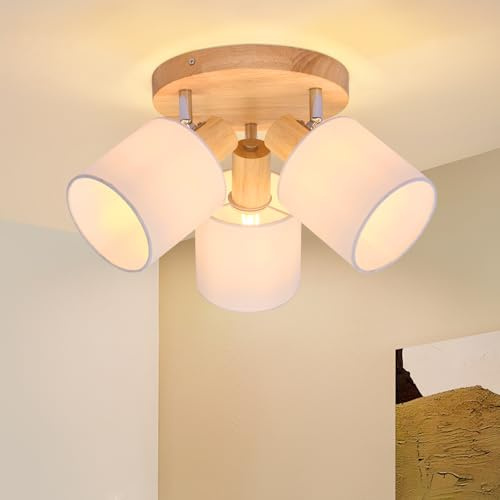 Glitzerlife Deckenstrahler 3 Flammig Rund Holz LED Deckenlampe Strahler | Deckenleuchte E14 Spotleuchte Schenkbar 350° für Küche Wohnzimmer Schlamfzimmer Flur (Ohne Leuchtmittel)