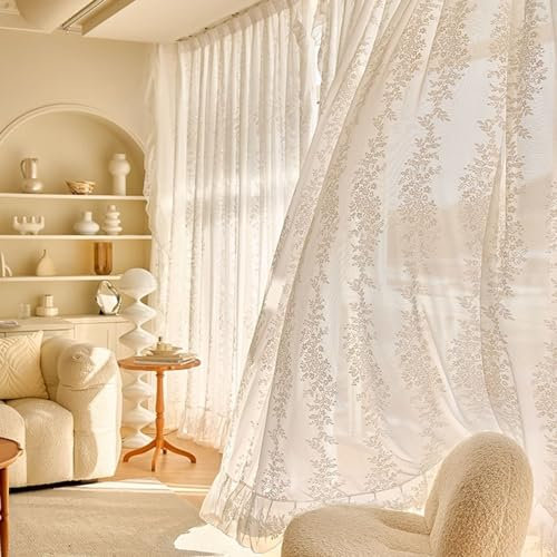 Beydodo Gardinenschals mit Schlaufen Halbtransparent 107x138CM, Weiß Vorhänge 2er Set Spitze mit Blumen Motiv Gardinen Lichtdurchlässig Schiebevorhänge Wohnzimmer Küche Kinderzimmer