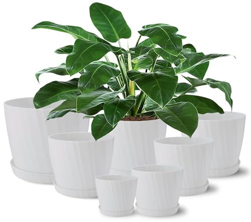 Gardrium Lot de 7 Pots de Fleurs en Plastique avec Trou de Drainage pour intérieur et extérieur, Gris moucheté 19/17,5/16,5/15 / 14/11.5/8,8 cm, Blanche