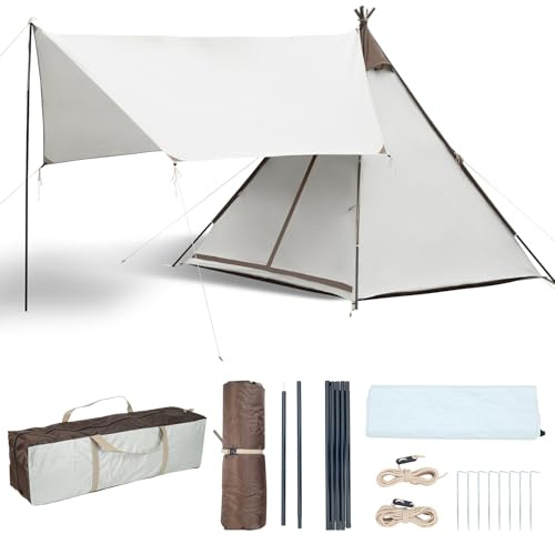 Thinlute Waterproof 3-4 Person Camping Tent with Awning, Pyramid Teepee Tents for Family, 3 Season Anti-UV Weatherproof, Roomy Tipi Tent for Family Camping, Outdoor, Backpacking, Hiking