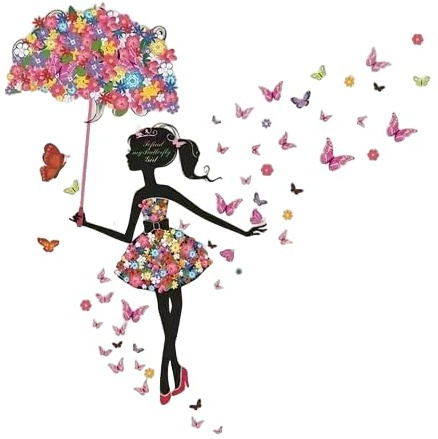 2 calcomanías decorativas de vinilo para pared, diseño de hadas, mariposas, flores, niñas, niños, sentados en la parte superior, interruptor de luz, para dormitorio, paraguas (paraguas de pelo)