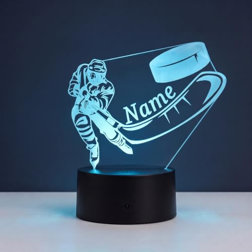 Optechvisual Personalisierte Eishockey LED Lampe – Nachtlicht mit Namen – Geschenk für Hockeyspieler & Kinder – Eishockey Deko für Zuhause – 3D Lampe mit Gravur