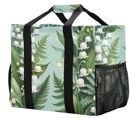 YANENDIE Reusable Grocery Bags Foldable Palm Leaf Lily Floral Shopping Bags, Heavy Duty Grocery Bags with Reinforced Bottom & Handles