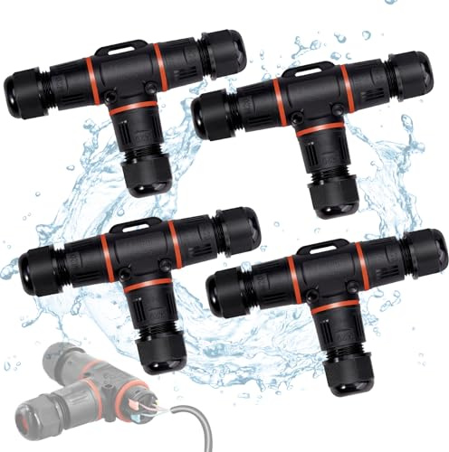 Pack of 4 3-Pin Cable Connectors Waterproof IP68, T-Shape Cable Connector, Waterproof Earth Cable Connection Sleeve for Diameter 3-12 mm Cable Diameter, 3-Way Waterproof Junction Box for Garden