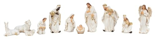 mucHome Krippenfiguren Set 11-teilig Heilige Familie mit Hirten und Heiligen DREI Königen Weiß und Gold Polyresin Weihnachten Krippe (Set 2)