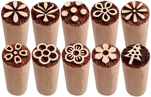 10PCS Wooden Pottery Stamps with Floral Patterns Cylindrical Wood Block Pottery Clay Stamps Suitable for Clay Scrapbooking Card Making and Cake Decorating (1.5x5cm)