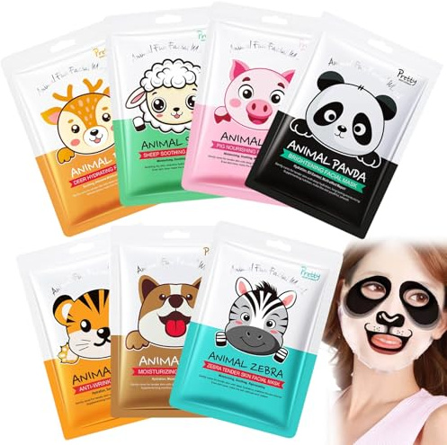 Masque Visage Enfant,7pcs Masque Hydratant Visage,Masques Visage Femme,Masque Tissu Visages,avec Imprimé Animalier,Masque En Feuille avec Imprimé Animalier,pour Convient Filles et Femmes