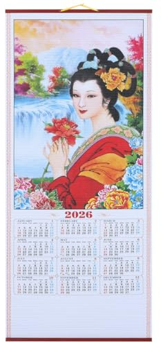 GALPADA 2026 Horse Year Faux Rattan Hanging Scroll Calendar Chinese Lunar Wall Calendar Detailed Printing Traditional New Year Decoration for Home Office