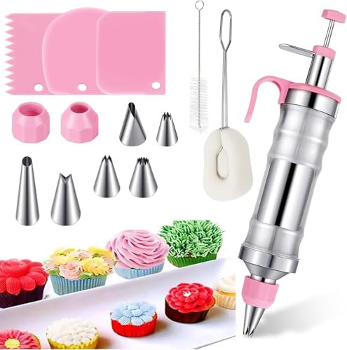 Siringa per torte, in acciaio inox, set da 14 pezzi, siringa per torte da 400 ml, riutilizzabile, siringa decorativa professionale con 6 ugelli