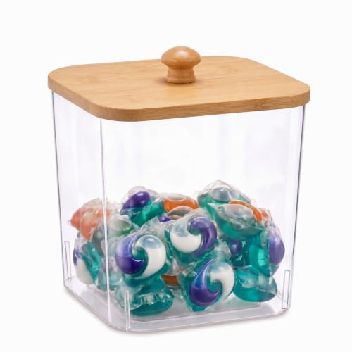 Gzsekken Dryer Ball Holder Acrylic Laundry Accessories Laundry Room Organization and Storage with Wooden Lid and Handle Clear Dryer Ball Container for Home Essentials and Household Storage Solution