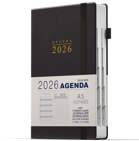 DeDe Bee Kalender 2026 Terminplaner A5 Agenda, Mehrsprachiges, 1 Tag pro Seite und Monatsplan Insgesamt 416 Seiten, Innentasche, Elastischer Verschluss, Hardcover (Schwarz)