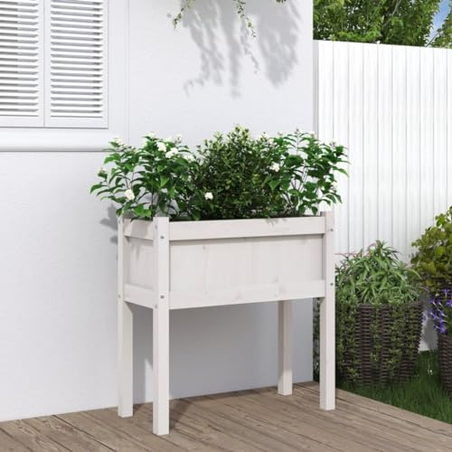 HaoChrymec Jardinera con Patas Blanca de Madera Maciza de Pino, Maceta para Balcón, Resistente y Decorativa, Ideal para Flores y Huerto Urbano, 70x31x70 cm