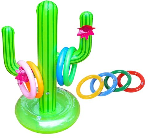 9pcs Cactus Tossing Game Set, 1 Cactus Inflatable, 8 Ring Tossing Toys, Garden Bar Accessories, Pool Party Decorations, Swimming Aids for Summer Seaside Pool Suitable for Beach Ring PVC