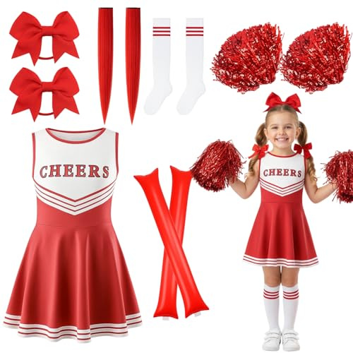 Cheerleader Kostüm Kinder, Cheerleading Outfit, 10 Stück Faschingskostüme Kinder für Komplettes Set mit Kleid, Pompons, Haarspangen, Kostüm für Karneval, Geburtstagsfeiern, Tanzwettbewerbe(Rot, 140)