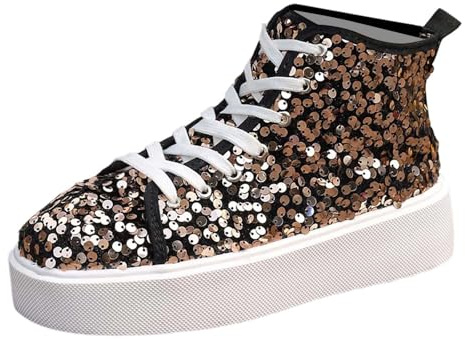 Generiskt glitter paljetter sneakers hög topp för kvinnor flickor disco ankelhöga sneakers med paljetter för fest festival kostym glitterskor, Guld, 37 EU