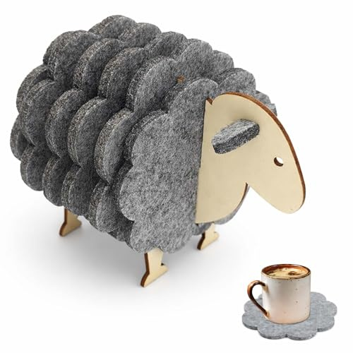 6 Stück Wollschaf Filz-Coaster Set, Schaf-Filz-Untersetzer, Puzzle-Set mit Holz-Halterung – Hitzebeständige, Saugfähige Tassenuntersetzer für Couchtisch, Küche und Büro (Grau)