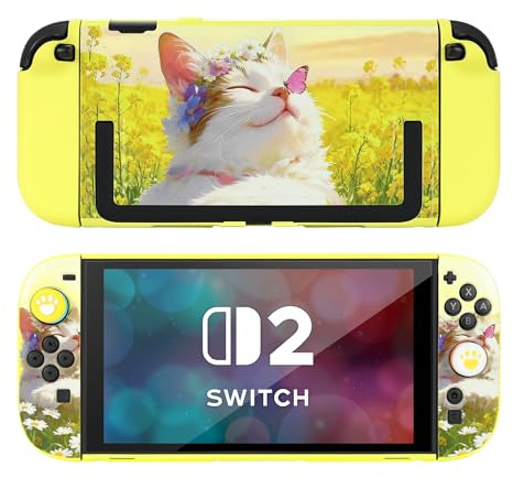 DLseego Schutzhülle für Switch 2,Andockbare,Kratzfeste Hartschale mit Niedlichem Katzenmuster,Stoßdämpfende Schutzhülle mit 2 Weichen Griffabdeckungen und 4 Daumengriffkappen,Gelb