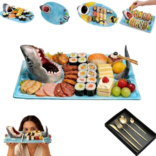 Shark Charcuterie Board, 3 In1 Shark Sushi Plate with Dipping Sauce Bowl, Funny Handmade Ceramic Shark Taco Holder, Ndles Up to 1300°c Safely, Microwave, Oven and Dishwasher Safe(Style1,1PC)
