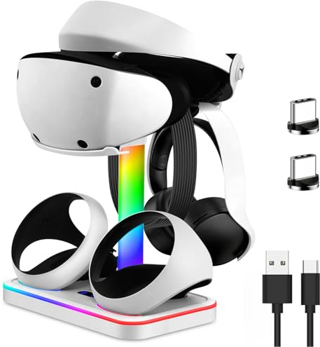 JDGPOKOO Charging Stand for PlayStation VR2, Charging Station for PSVR 2 with VR Headset Display Stand, Controller Charging Dock for PS5 VR2 with LED-Charging Indicator, 7 Light Mode, Type-C Cable