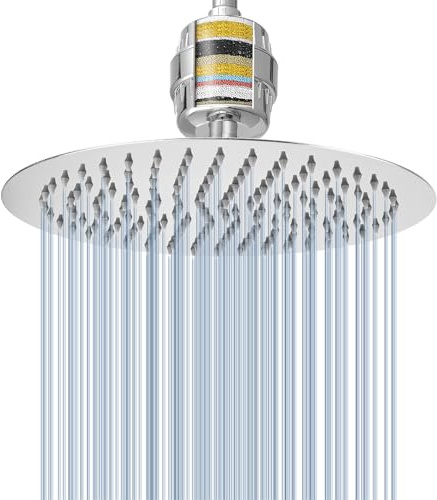 Conjunto de Cabezal de Ducha Tipo Lluvia y Filtro de Ducha Voolan, Cabezales de Ducha de Alta Presión Fabricados en Acero Inoxidable, Cartucho Filtrante para Agua Dura (20cm, Circular)