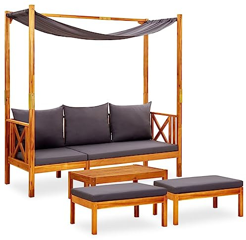 Owoxanthellate Gartenbank Set aus Akazienholz mit Sonnendach dunkelgrau 179x66x180 cm wetterfest inkl Tisch & 2 Hocker Sitzgruppe für Balkon Terrasse oder überdachte Lounge