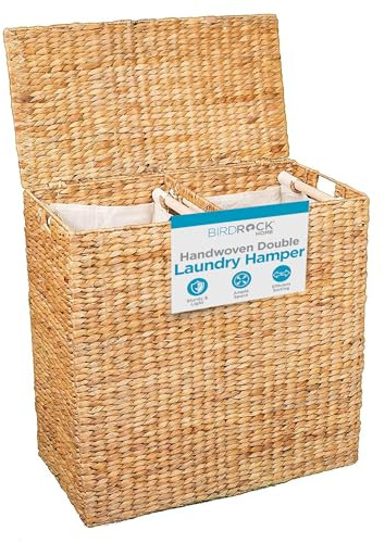BirdRock Home Water Hyacinth Laundry Hamper Divided Interior (Natural) | Eco Friendly | Made of Hand Woven Hyacinth Fibers | Includes Two Removable Cotton Liners Bag | Wicker Laundry Basket with Lid