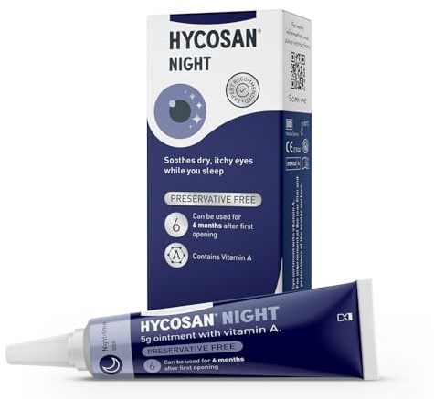 Hycosan Night - Soothing Relief and Protection Against Dry, Tired and Burning Eyes While You Sleep - with Vitamin A and Preservative Free - 300 Applications