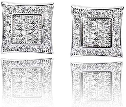 TOPGRILLZ 925 Sterling Silver Iced out Men Women 14k Gold Square Kite Screw Back Hypoallergenic Stud Earrings with Simulated Diamond (White gold