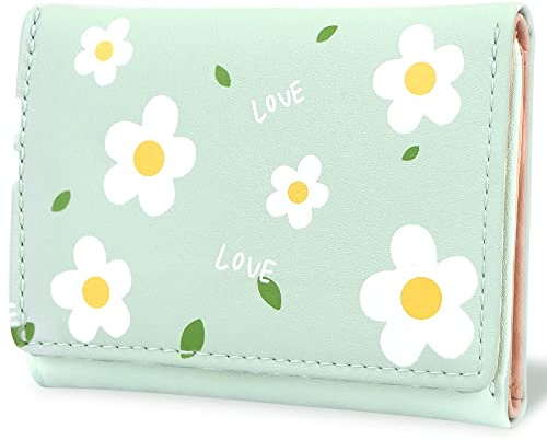 conisy Süß Klein Geldbeutel Damen,Dreifach Gefaltete Leder Dünn Geldbörse mit RFID für Mädchen und Frauen (Blume hellgrün)