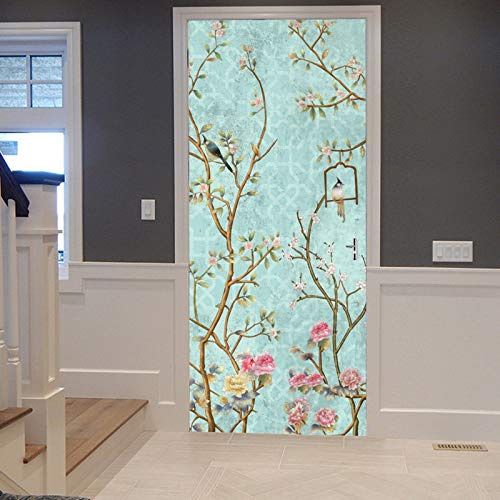 A.Monamour Türtapete Selbstklebend Türfolie Türposter 3D Chinesische Traditionelle Malerei Aquarell Blumen Baum Vögel Blau Vinyl Folie Türdeko Tapete Wandbild Türaufkleber Türtattoo 77 x 200 cm