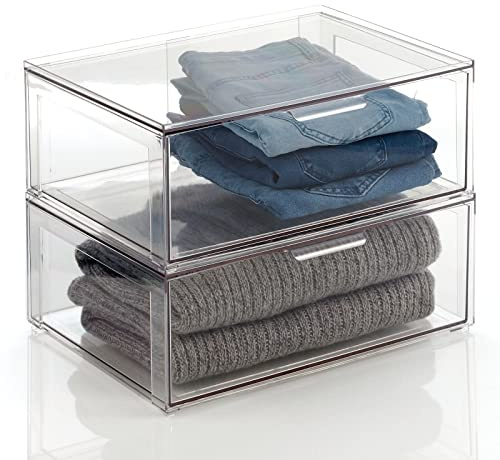 mDesign große Aufbewahrungsbox mit Schublade – stabile Schubladenbox aus Kunststoff zur Schuhaufbewahrung – Stapelbox für Schuhe, Accessoires und mehr – 2er-Set – durchsichtig