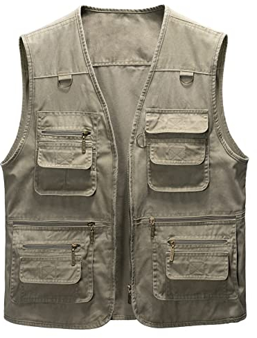 Oralidera Herren Outdoor Weste Freizeit Jacke Leicht Safari mit Reißverschluss Jagd und Angler Fotografie Wandern Anglerweste mit Vielen Taschen, Khaki, 2XL