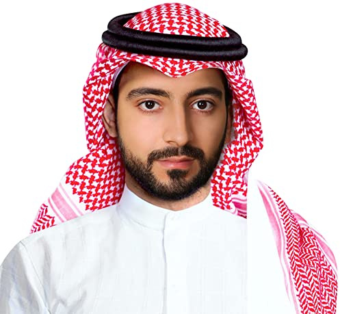 JPXH keffiyeh arabe para hombre turbante musulmana palestina sciarpa araba saudita sceicco gorros costume per gli uomini, Rosso e bianco., taglia unica