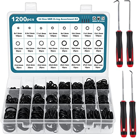 HSEAMALL 1200-teiliges O-Ring-Set, 24 Größen, Gummi-O-Ring-Set, Dichtungsscheibe mit 4 Haken und Haken für die Reparatur von Sanitär-, Gas-, Automobil- und Wasserhähnen