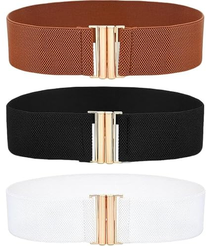 Csirnto 3 Stück Breiter Elastischer Stretch Gürtel für Damen Vintage Dehnbarer Taillengürtel Verstellbarer Cinch Gürtel mit Schnalle für Kleider Trimmer-Stretchgürtel Gummigürtel Damen 3 Farben