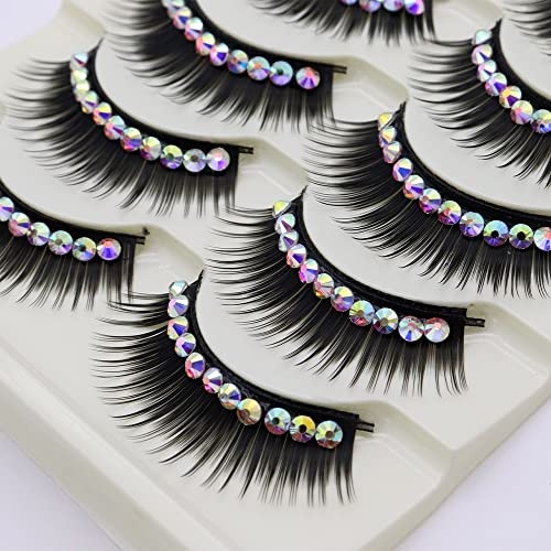 LSTHK Falsche Wimpern, 5 Paare 3D Fake Lashes Natürlich Look Bunte Künstliche Wimpern, Fluffy False Eyelashes für Die Arbeit, Dating, Party, Cosplay (Hotfix Rhinestone-Black)