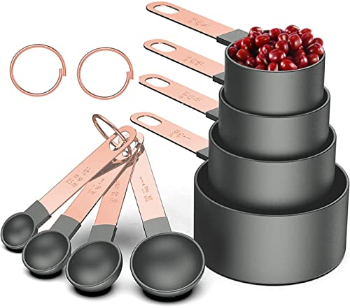 Rose Gold Stainless Steel Handle Measuring Cups and Spoons Set, 8 Piece Stackable Accurate Tablespoon for Measuring Dry and Liquid Ingredients Small Teaspoon with Plastic Head (Grey)